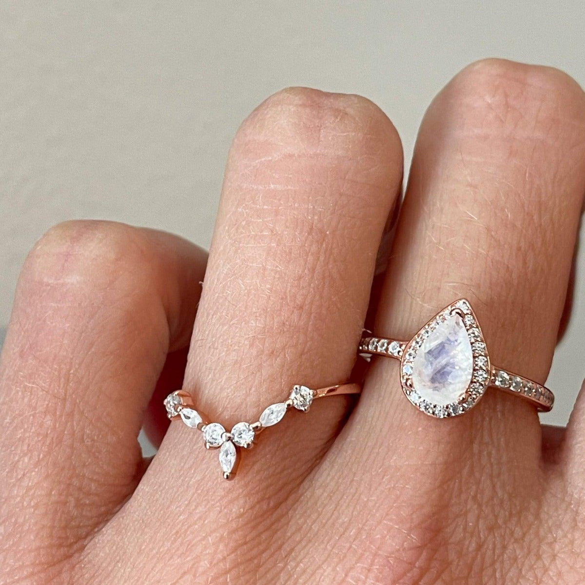 Moonstone rings worn on hand