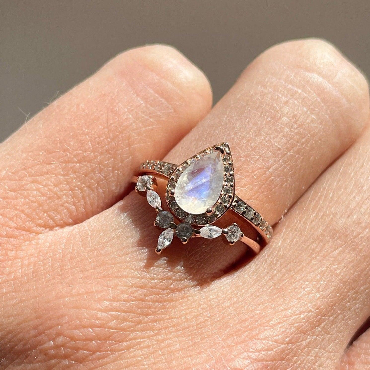 Stackable Moonstone Rings On Hand