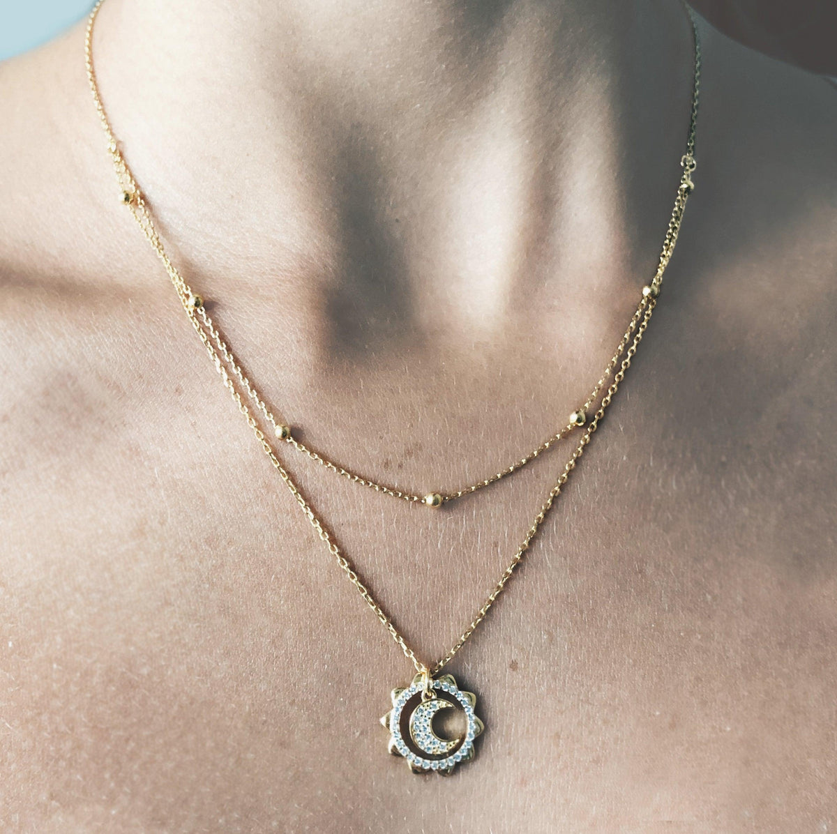 Moon Phases Necklace - Celestial 14K Gold Vermeil with Sparkling Cubic Zirconia Stones