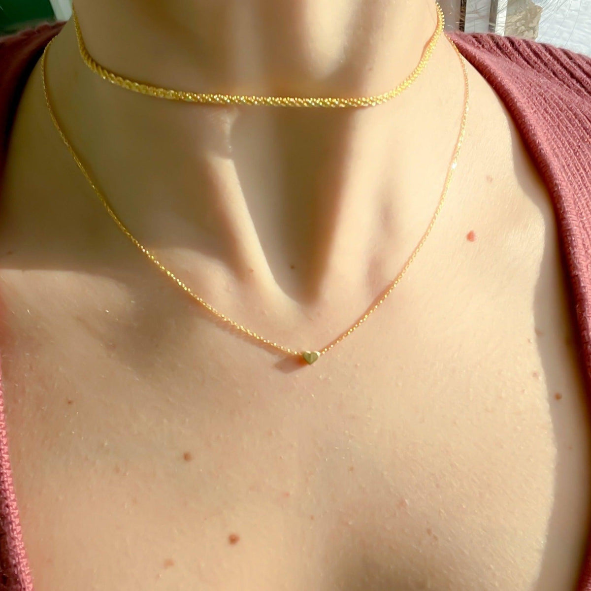 Dainty Gold Heart Pendant on Sterling Silver Necklace