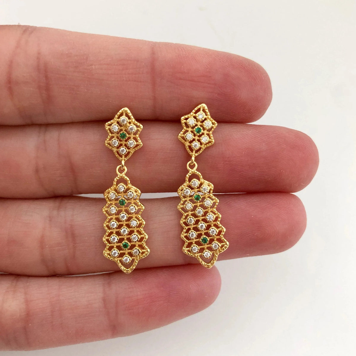 Gold drop earrings with cubic zirconia stone in rose gold and silver