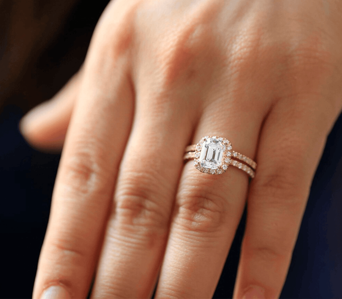 Beautiful Diamond Ring Set with Emerald Cut Stone and Matching Band