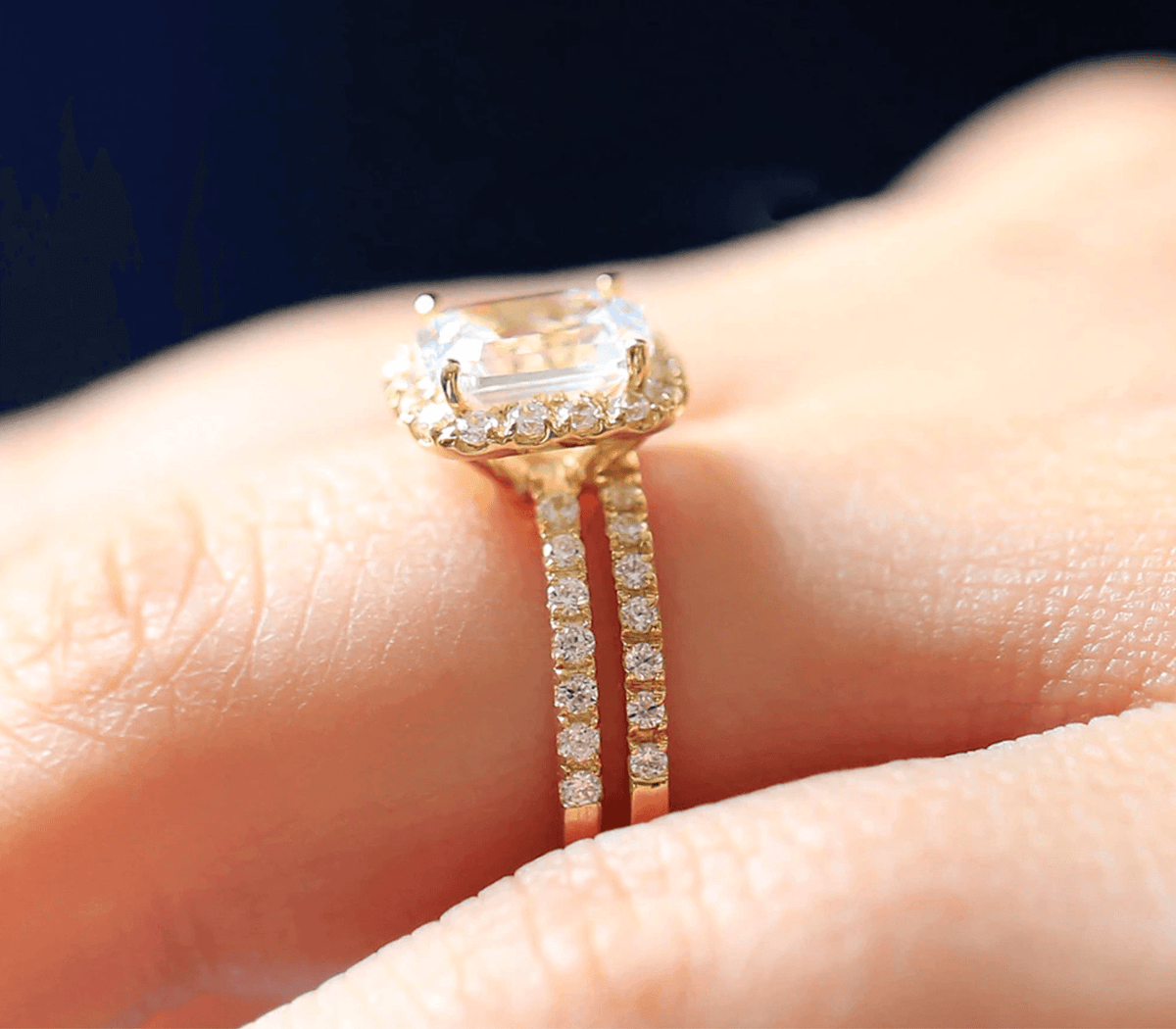 Diamond Engagement Ring Set with Emerald Cut Stone and Matching Band