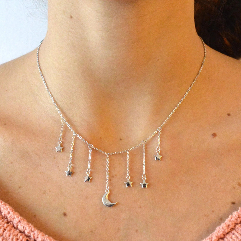 Silver Choker Necklace | Star & Moon Dangling Charms - Fashionable Accessory with Celestial Motifs