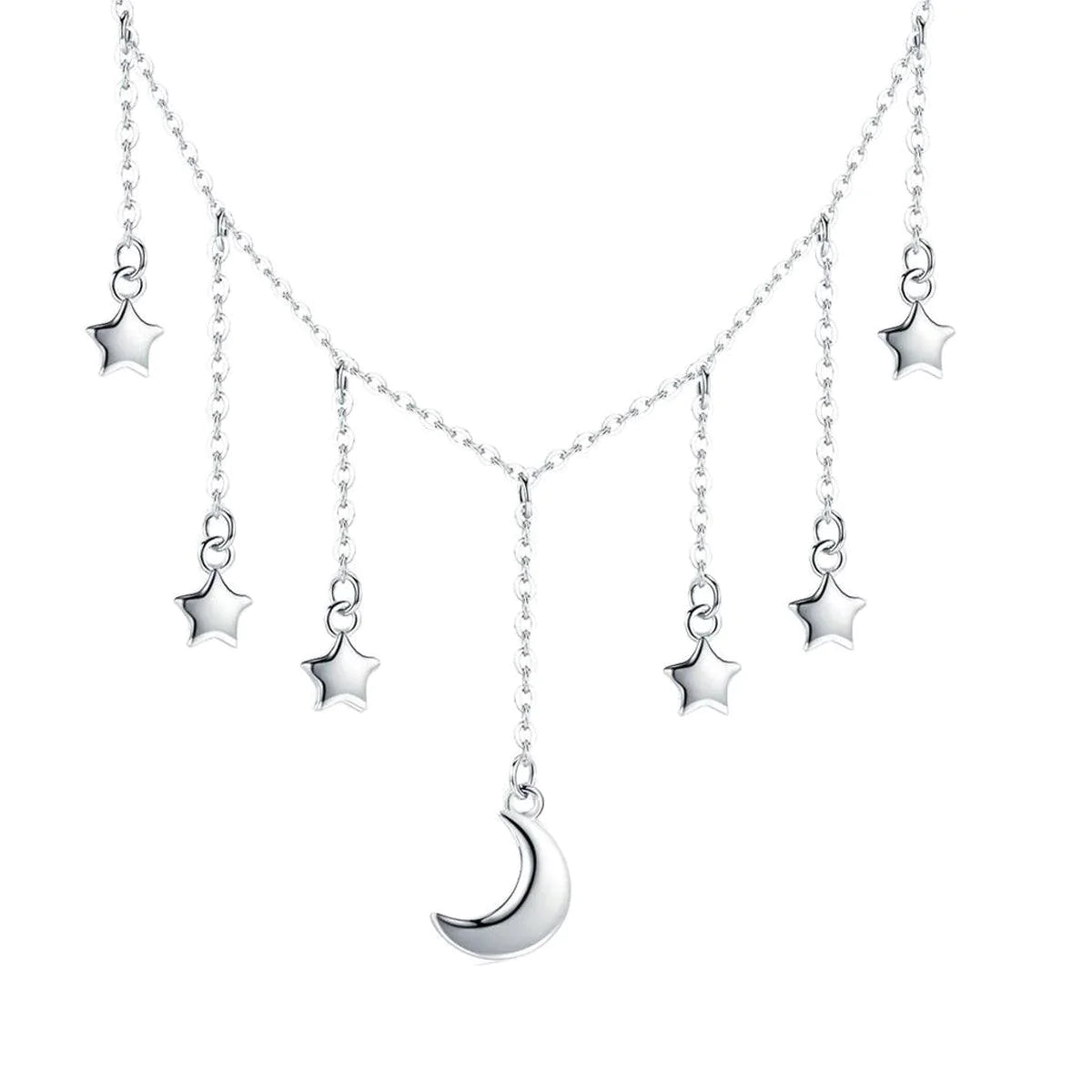 Sterling Silver Choker Necklace With Star & Moon Dangling Chains
