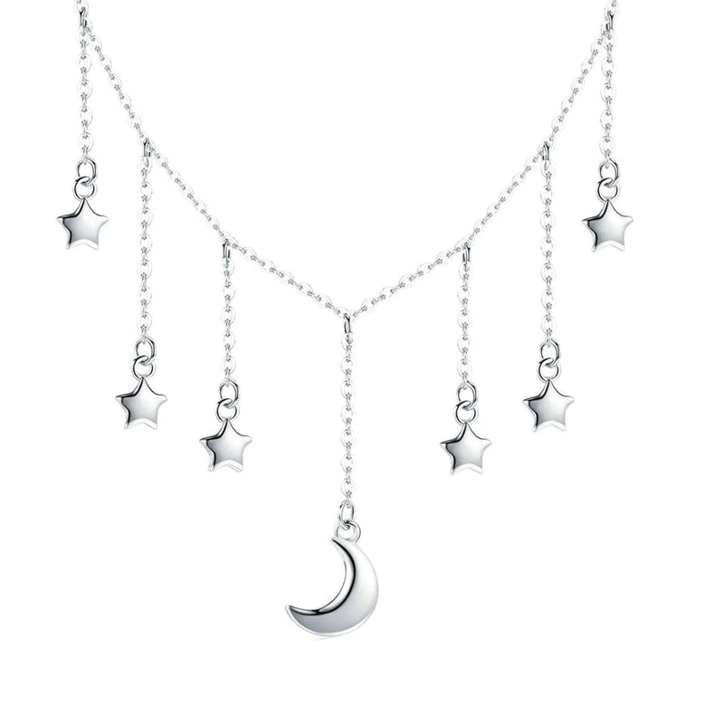 Sterling Silver Choker Necklace With Star & Moon Dangling Chains