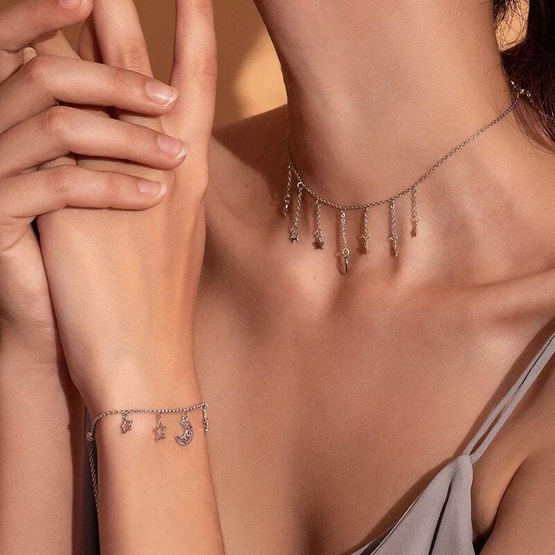 Woman Wearing A Sterling Silver Choker Necklace