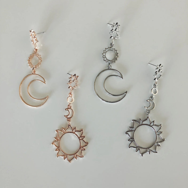 Pair Of Sun And Moon Earrings In Rose Gold And Sterling Silver